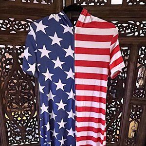 BONES UN AMERICAN FLAG PRINT SHORT SLEEVE PATRIOTIC HOODED JUMPSUIT LARGE